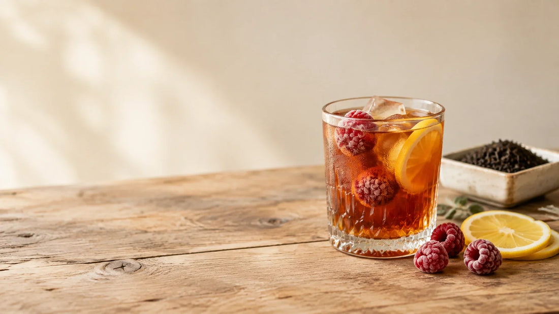 A glass of raspberry lemon iced black tea with ice, frozen raspberries, and lemon on a warm wooden table